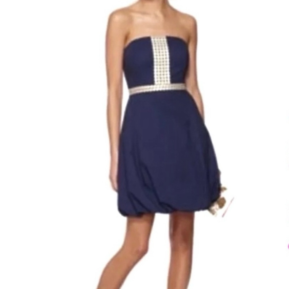 Lilly Pulitzer Regency Bubble Dress In Navy Size-0
Gold Embroidered Detail-EUC